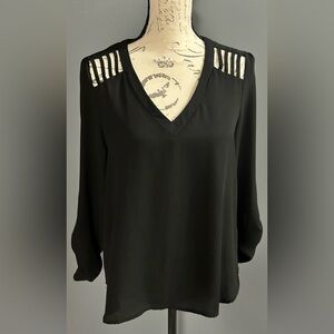 Lily White Black V-Neck Blouse with Shoulder Cutout Detail